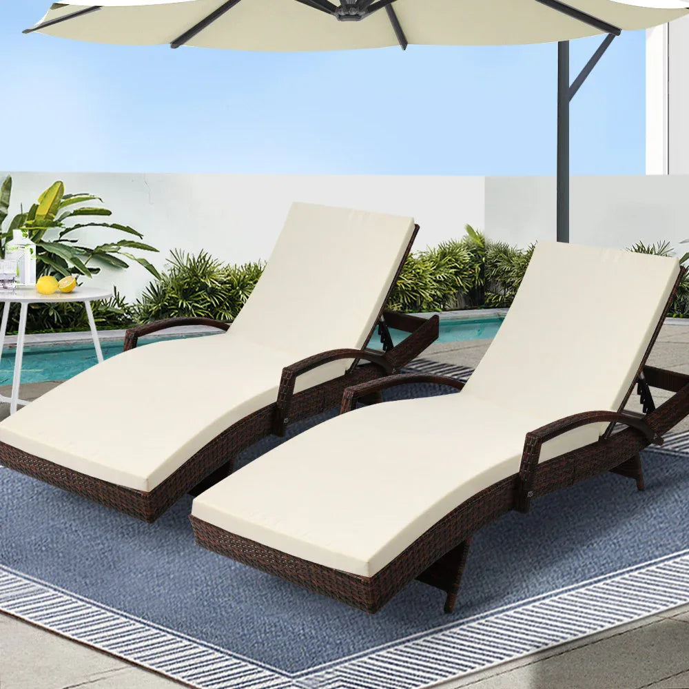 Gardeon 2PC Sun Lounge Wicker Lounger Outdoor Furniture Beach Chair Patio Adjustable Cushion Brown - Mekamart Australia