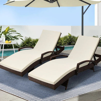 Gardeon 2PC Sun Lounge Wicker Lounger Outdoor Furniture Beach Chair Patio Adjustable Cushion Brown - Mekamart Australia