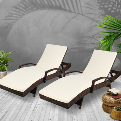Gardeon 2PC Sun Lounge Wicker Lounger Outdoor Furniture Beach Chair Patio Adjustable Cushion Brown - Mekamart Australia