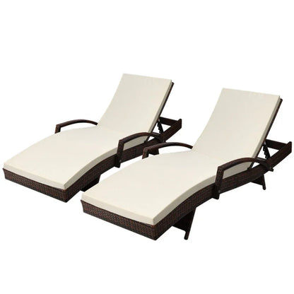 Gardeon 2PC Sun Lounge Wicker Lounger Outdoor Furniture Beach Chair Patio Adjustable Cushion Brown - Mekamart Australia