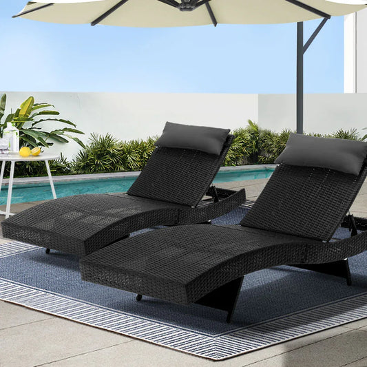 Gardeon 2PC Sun Lounge Wicker Lounger Outdoor Furniture Beach Chair Garden Adjustable Black - Mekamart Australia