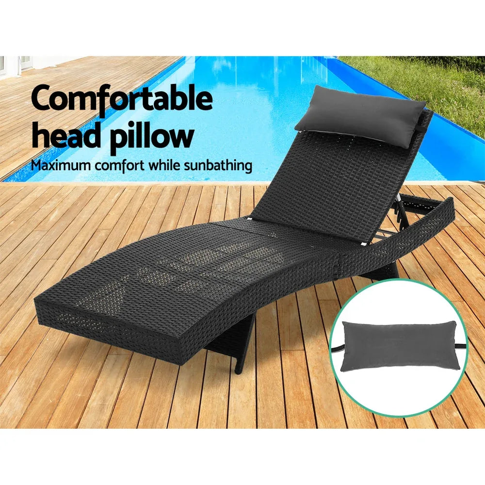 Gardeon 2PC Sun Lounge Wicker Lounger Outdoor Furniture Beach Chair Garden Adjustable Black - Mekamart Australia