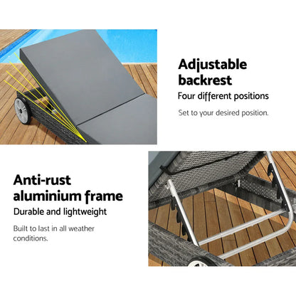 Gardeon Sun Lounge Wicker Lounger Outdoor Furniture Day Bed Wheels Patio Grey - Mekamart Australia