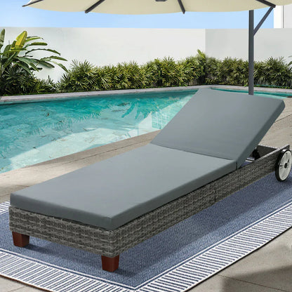Gardeon Sun Lounge Wicker Lounger Outdoor Furniture Day Bed Wheels Patio Grey - Mekamart Australia