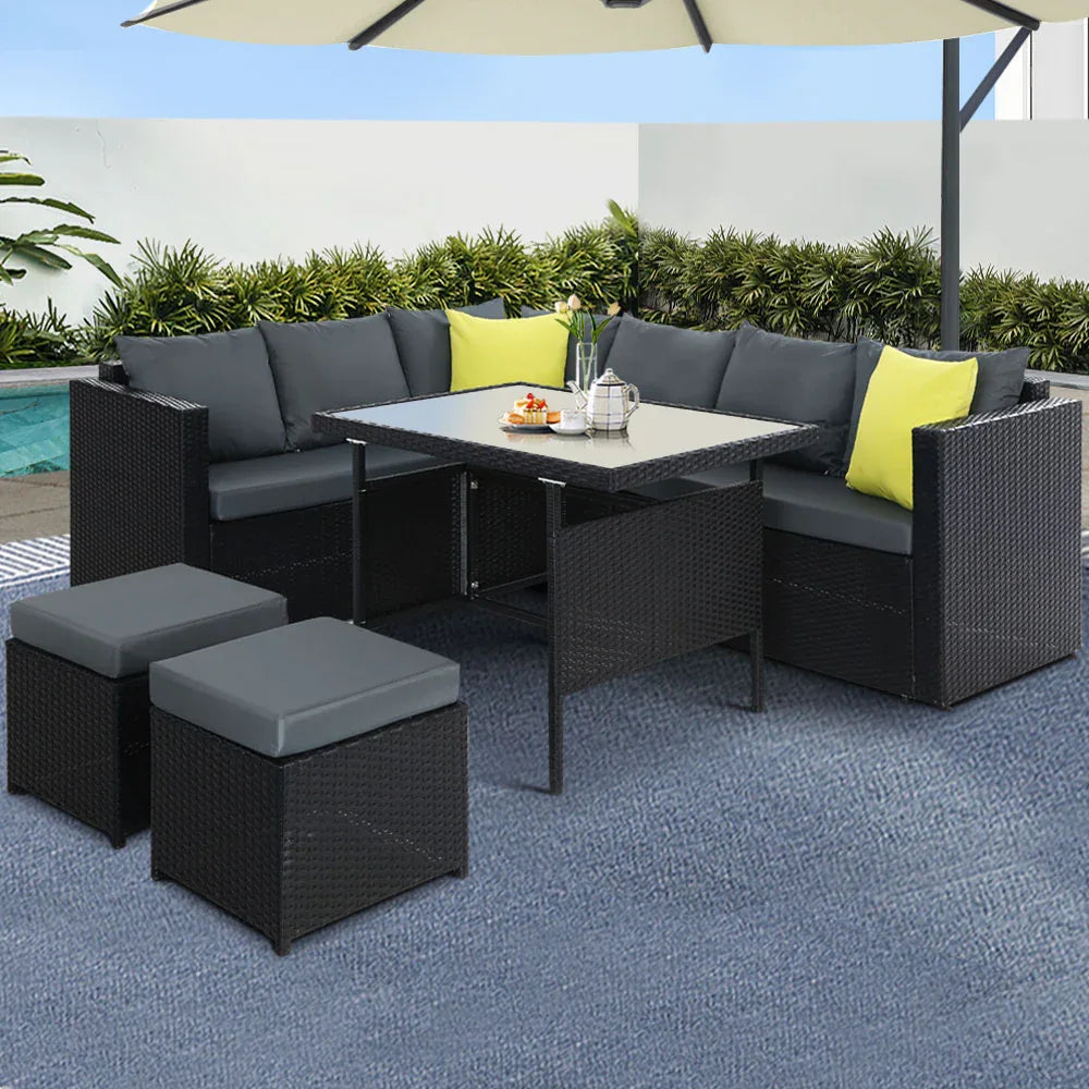 Gardeon Outdoor Dining Set Aluminum Table Chairs Wicker Setting Black - Mekamart Australia
