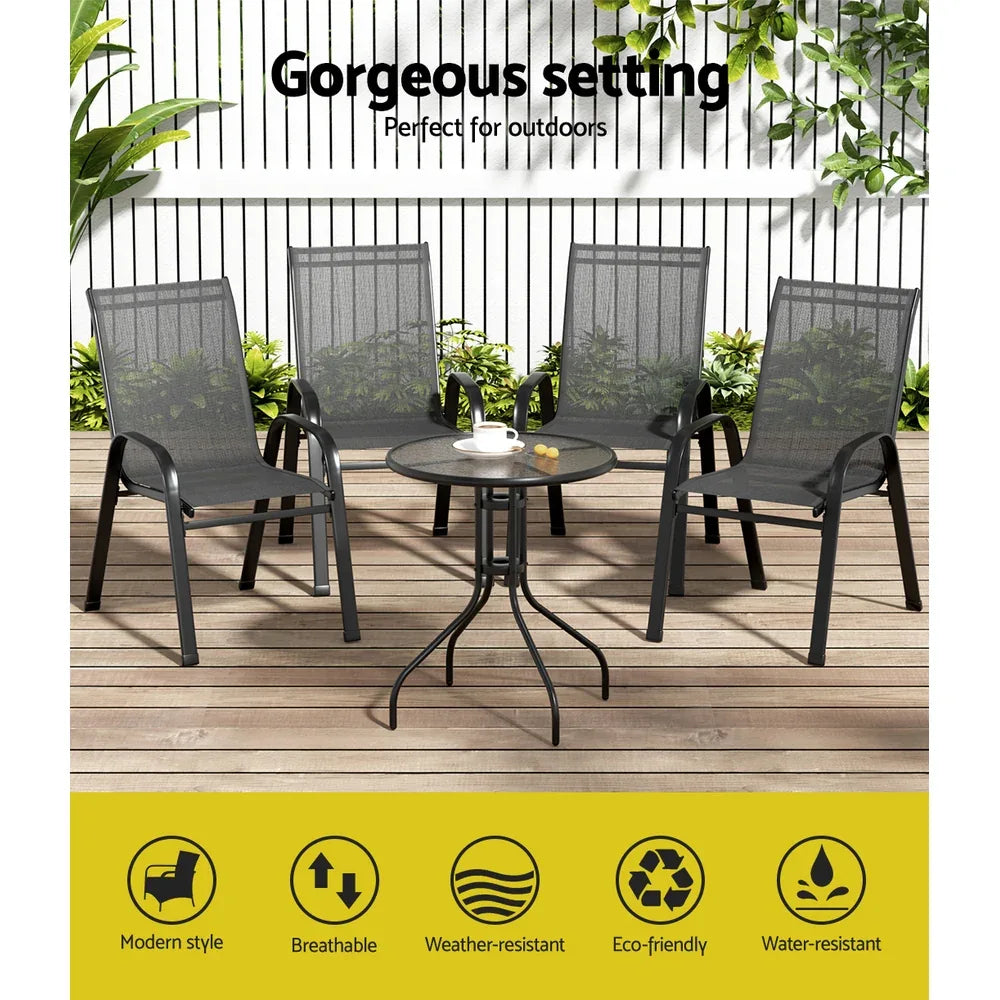 Gardeon 5PC Bistro Set Outdoor Table and Chairs Stackable Outdoor Furniture Black - Mekamart Australia