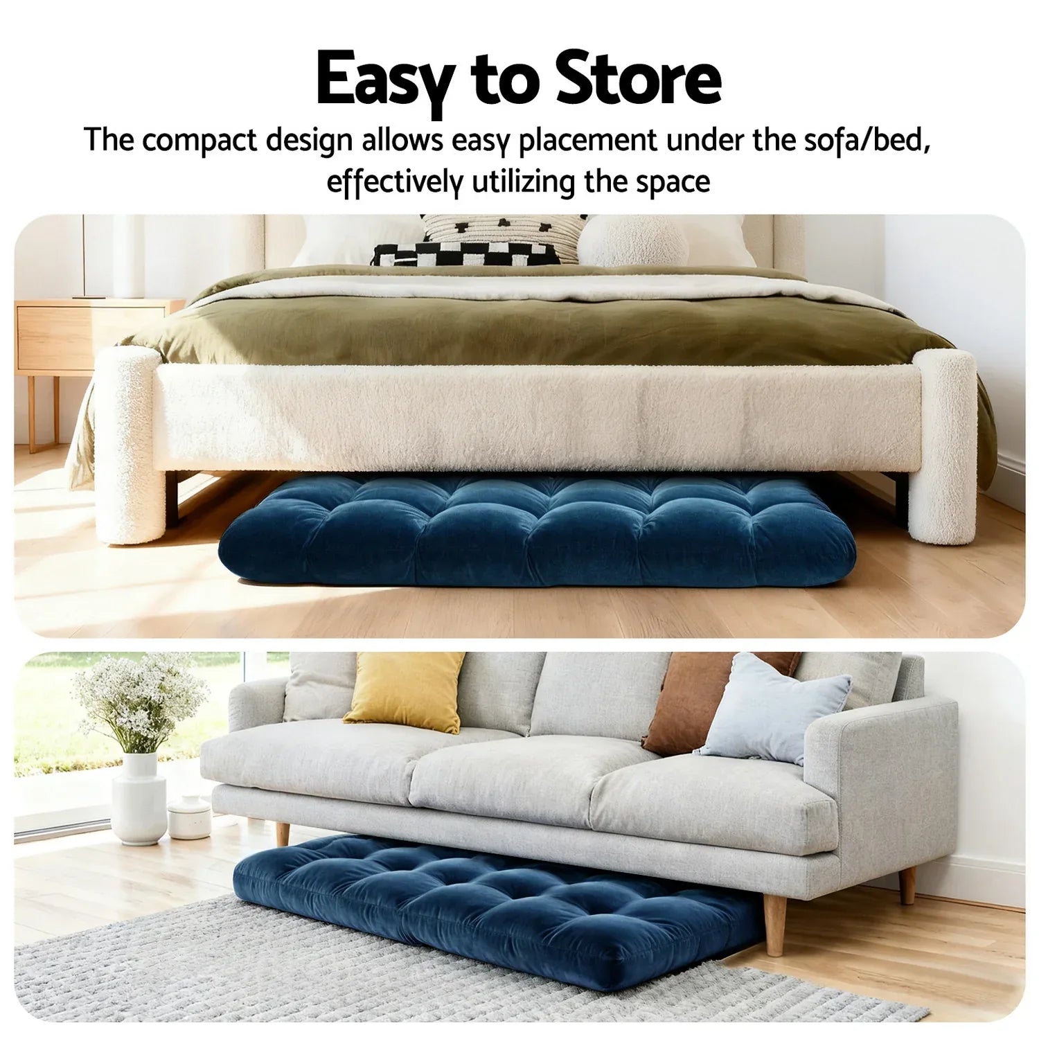 Artiss 2PCS Floor Lounge Sofa Bed Flannel Fabric Navy - Mekamart Australia