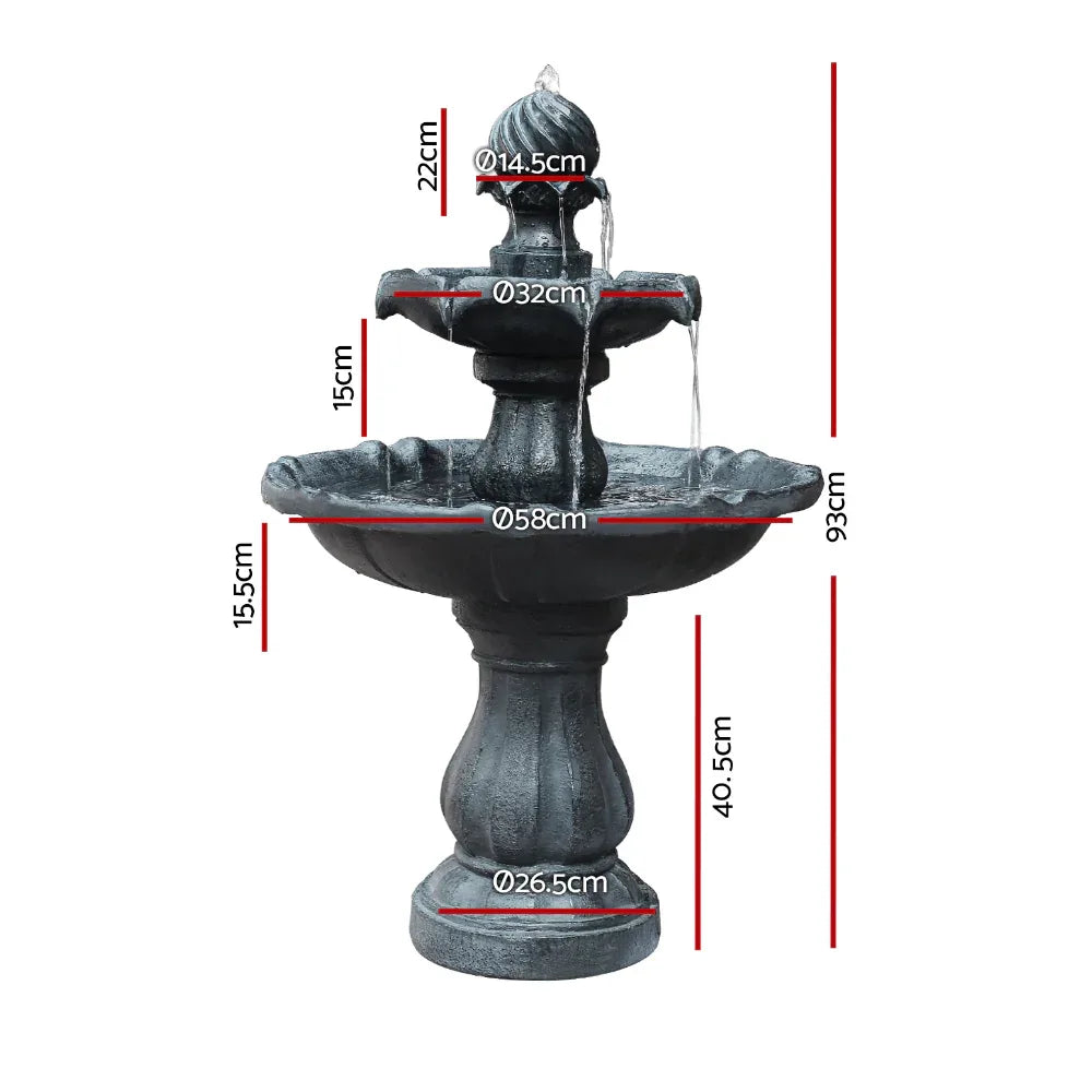 Gardeon Solar Water Feature 3-Tier Fountain with Pump Kit Bird Bath 93CM Black - Mekamart Australia