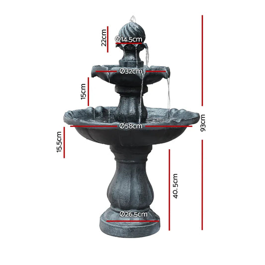 Gardeon Solar Water Feature 3-Tier Fountain with Pump Kit Bird Bath 93CM Black - Mekamart Australia