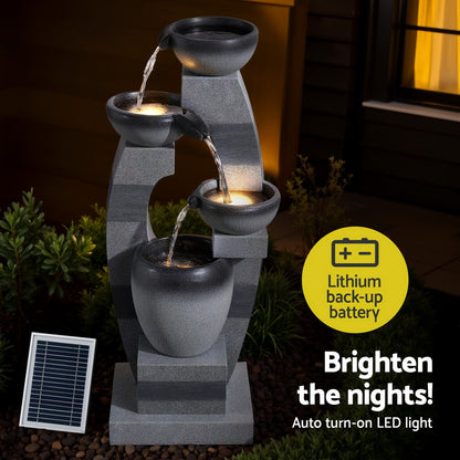 Gardeon Solar Fountain Water Feature Outdoor Fountain Indoor 3-Tier Bowl Cascading Grey