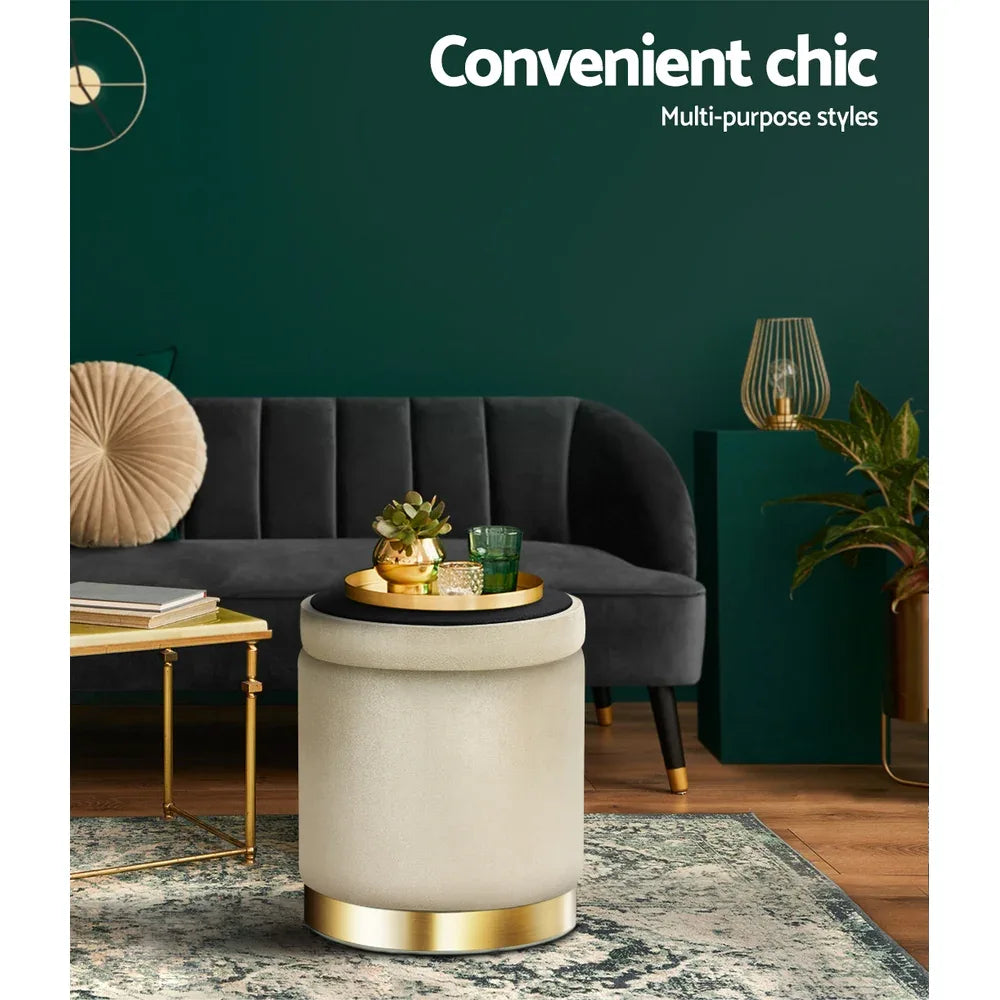 Artiss Ottoman Storage Foot Stool Round Velvet Cream - Mekamart Australia