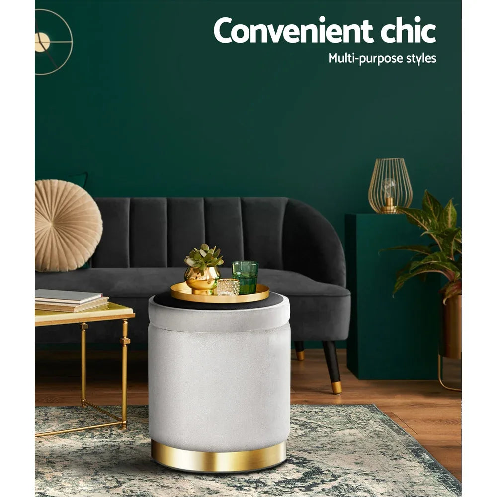 Artiss Ottoman Storage Foot Stool Round Velvet Grey - Mekamart Australia