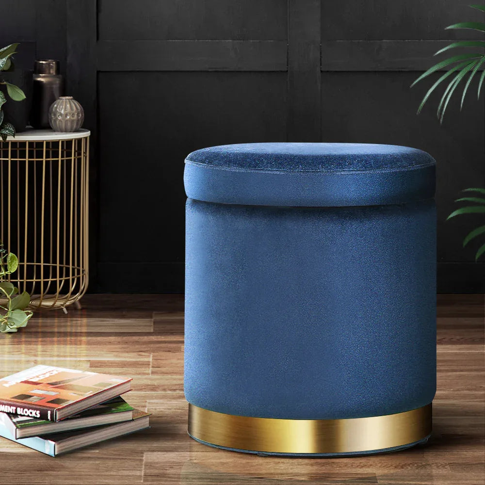 Artiss Ottoman Storage Foot Stool Round Velvet Navy - Mekamart Australia
