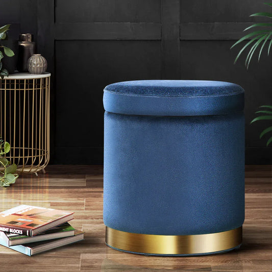Artiss Ottoman Storage Foot Stool Round Velvet Navy - Mekamart Australia