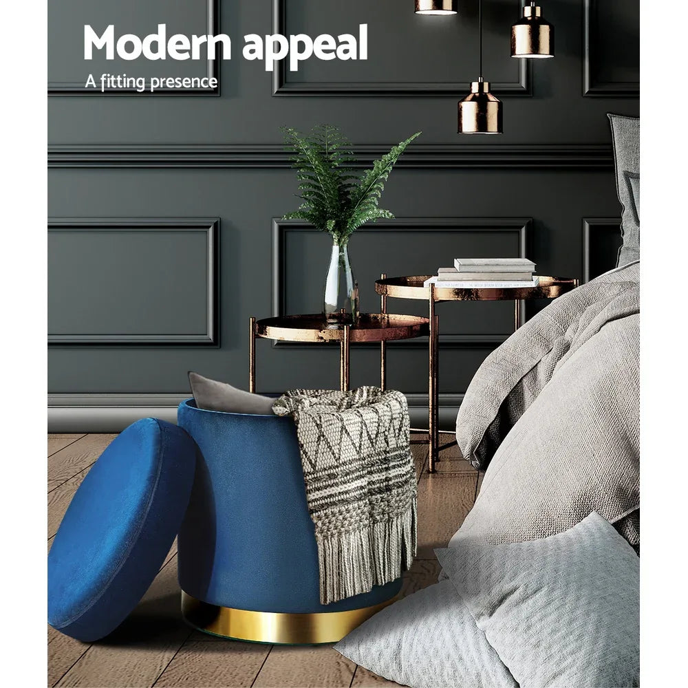 Artiss Ottoman Storage Foot Stool Round Velvet Navy - Mekamart Australia