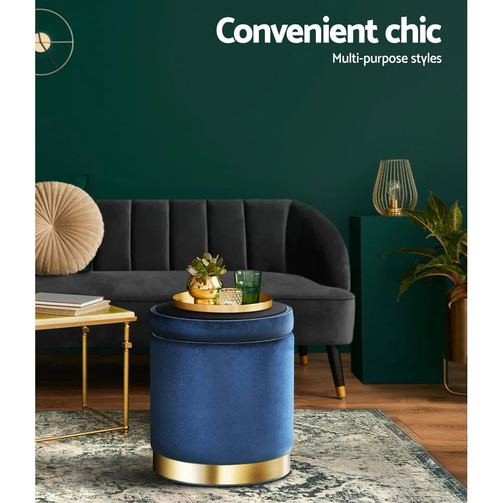 Artiss Ottoman Storage Foot Stool Round Velvet Navy - Mekamart Australia