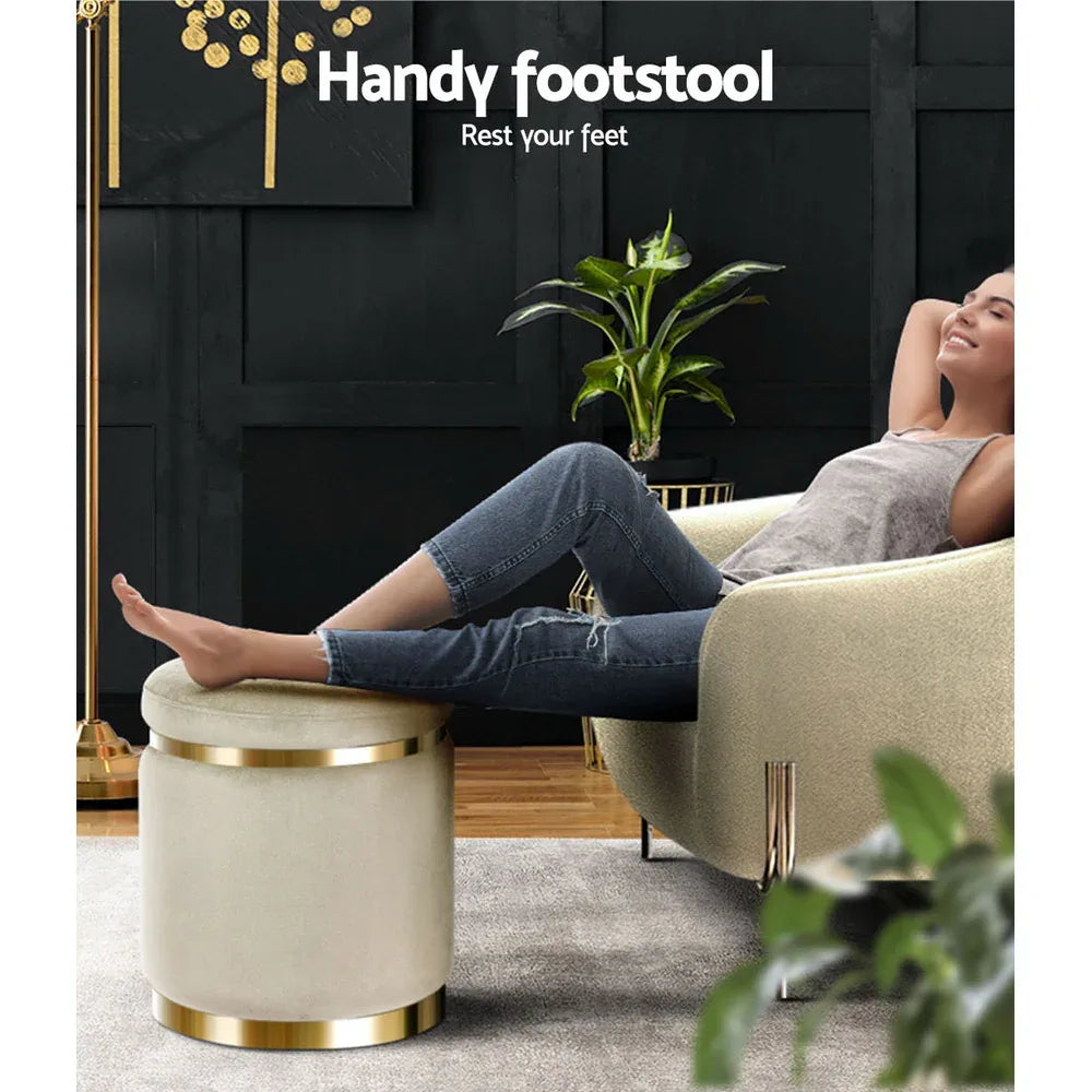 Artiss Ottoman Foot Stool Round Velvet Cream - Mekamart Australia