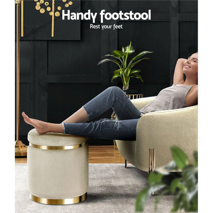 Artiss Ottoman Foot Stool Round Velvet Cream - Mekamart Australia