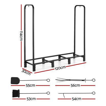 Gardeon Firewood Rack 120cm Wood Rack 3 Sizes Firewood Storage with Tools Black