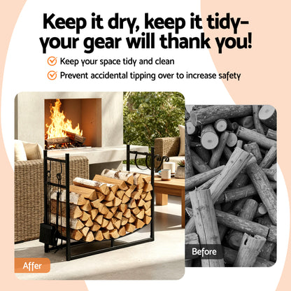 Gardeon Firewood Rack 84cm Wood Rack Firewood Storage Indoor Outdoor Black