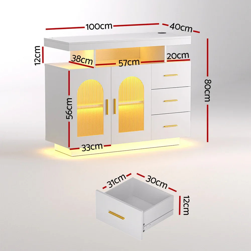 Artiss Buffet Sideboard Cabinet LED Clear Door Kitchen Storage Drawers White - Mekamart Australia