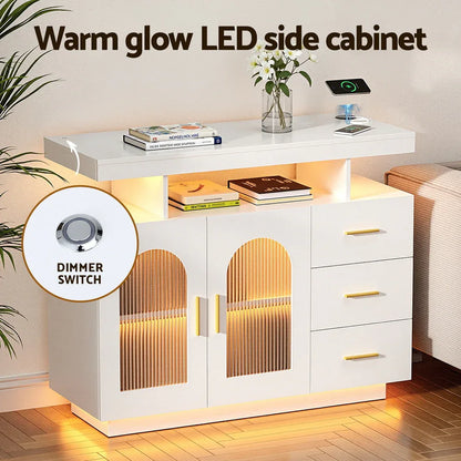 Artiss Buffet Sideboard Cabinet LED Clear Door Kitchen Storage Drawers White - Mekamart Australia