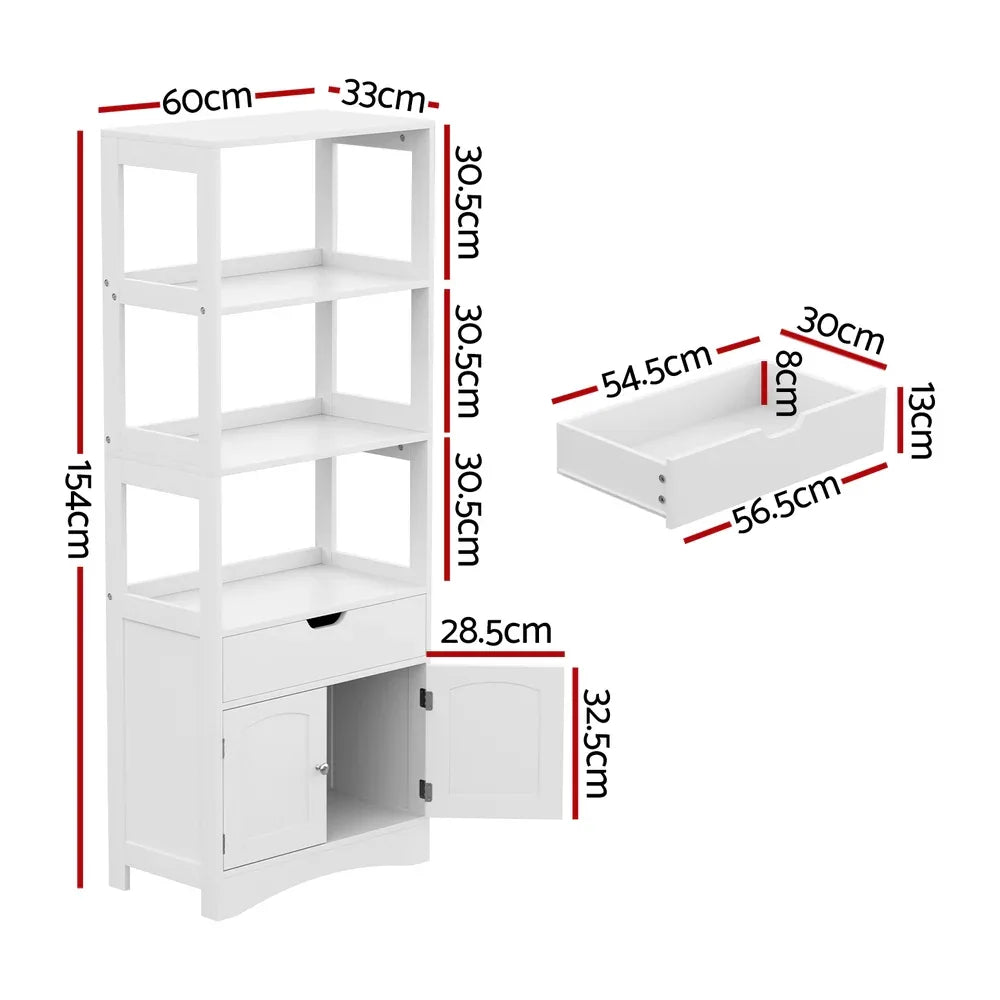 Artiss Bathroom Floor Storage Cabinet with 2 Drawers 3 Open Shelves 2 Doors White - Mekamart Australia