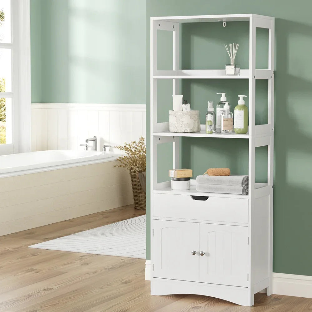 Artiss Bathroom Floor Storage Cabinet with 2 Drawers 3 Open Shelves 2 Doors White - Mekamart Australia