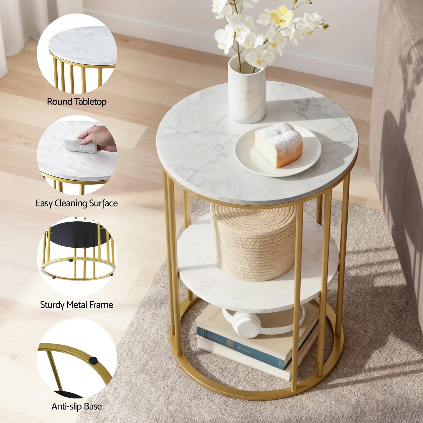Artiss Coffee Table 2-Tier Round Marble Effect White&Gold - Mekamart Australia