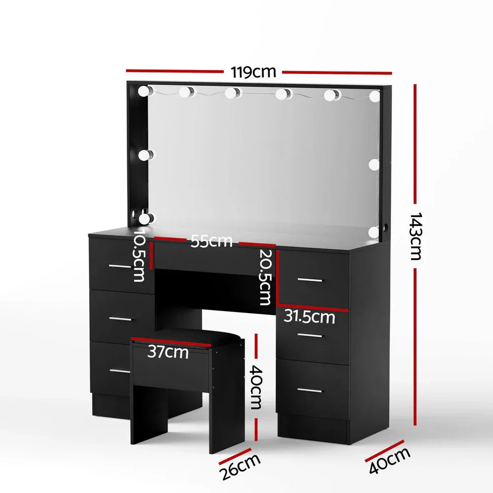 Artiss Dressing Table Vanity Desk Set Stool 10 Led Bulbs Black - Mekamart Australia