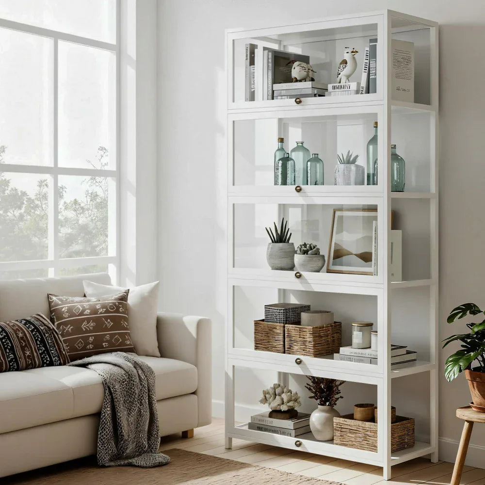 Artiss 5-Tier Display Cabinet Storage Bookshelf Clear Shelf White