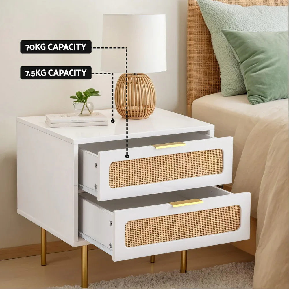 Artiss Rattan Bedside Table 2 Drawers Pine - Mekamart Australia