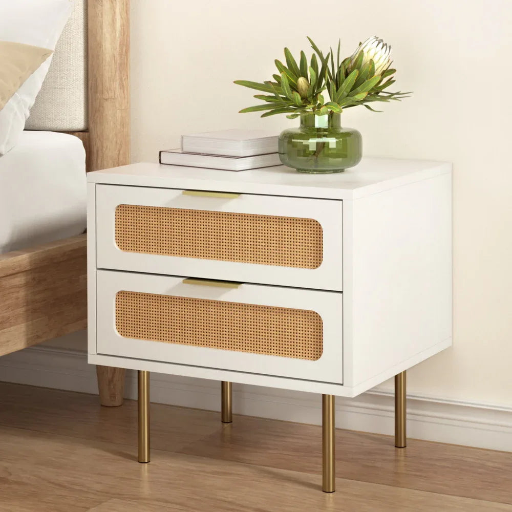 Artiss Rattan Bedside Table 2 Drawers Pine - Mekamart Australia
