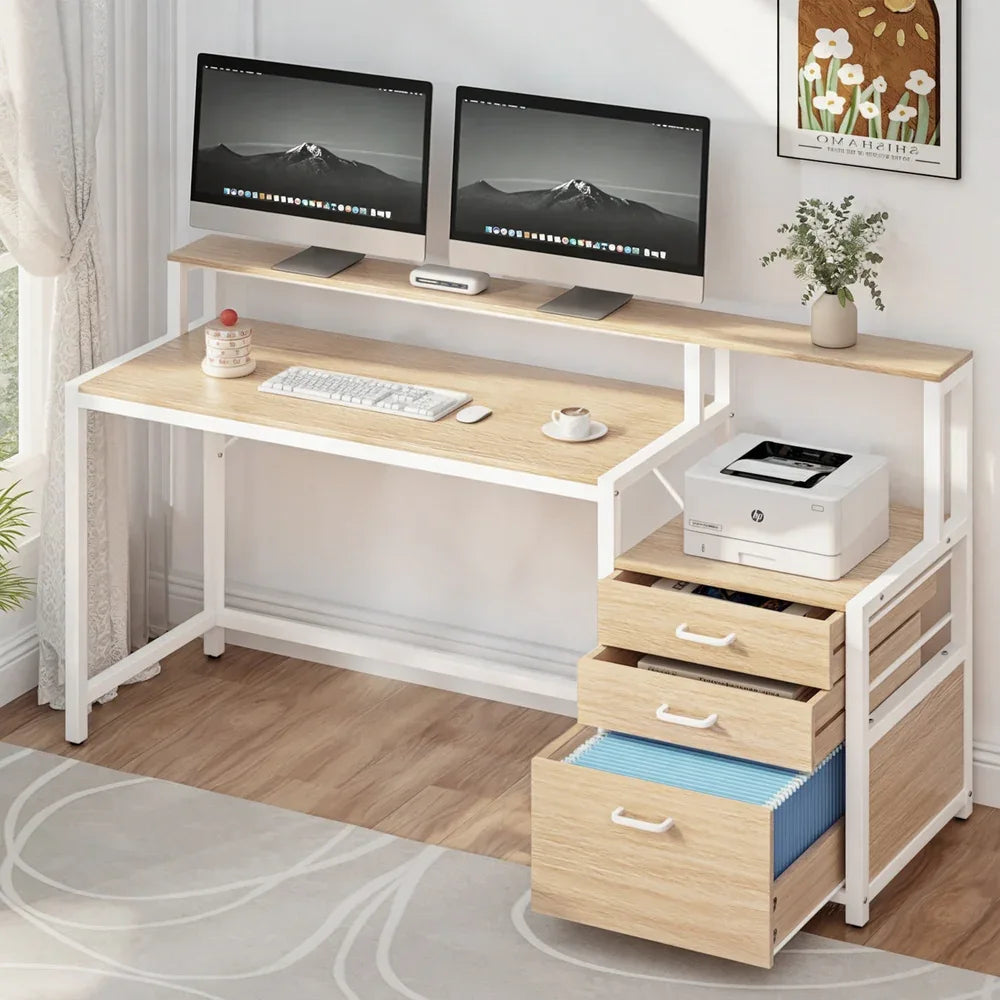 Artiss Computer Desk Home Office Study Table Desks w/Drawers Open Shelf Oak 160CM - Mekamart Australia