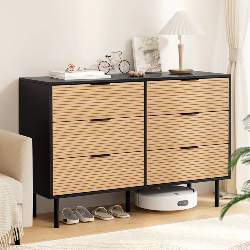 Artiss 6 Chest of Drawers Dresser Table Black&Pine - Mekamart Australia
