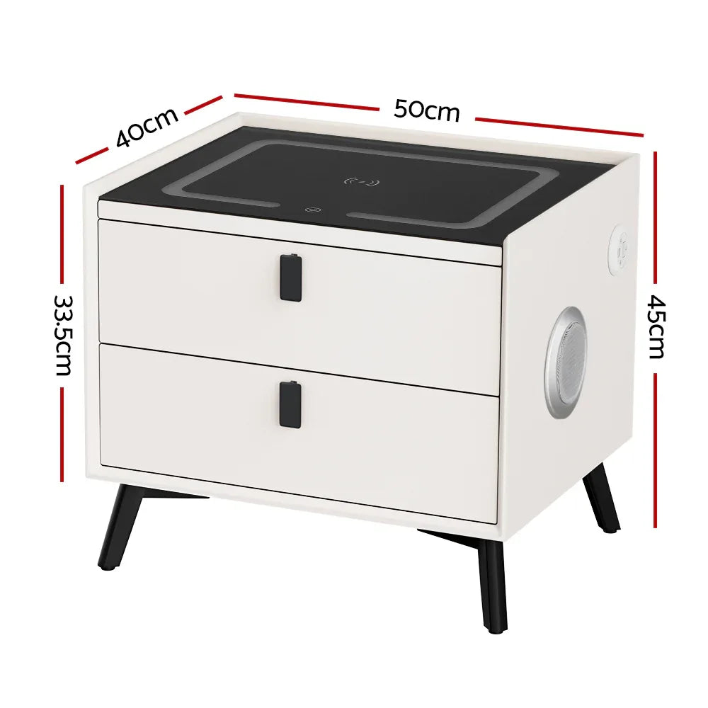 Artiss Smart Bedside Table 2 Drawers with Wireless Charging Ports LED White AIKA - Mekamart Australia