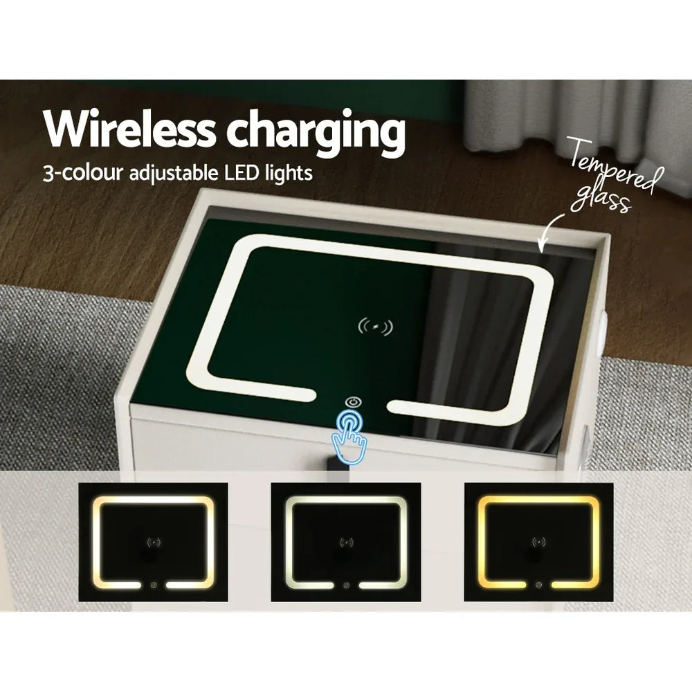 Artiss Smart Bedside Table 2 Drawers with Wireless Charging Ports LED White AIKA - Mekamart Australia