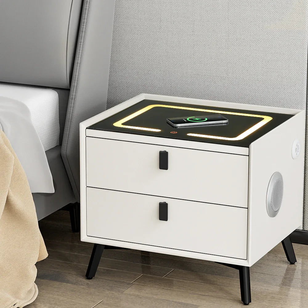 Artiss Smart Bedside Table 2 Drawers with Wireless Charging Ports LED White AIKA - Mekamart Australia