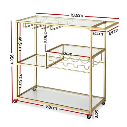 Artiss Bar Cart Drink Trolley Serving Cocktail Wine Rack Glass Holder 102cm Gold - Mekamart Australia