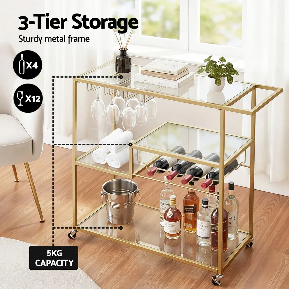 Artiss Bar Cart Drink Trolley Serving Cocktail Wine Rack Glass Holder 102cm Gold - Mekamart Australia