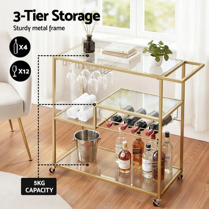 Artiss Bar Cart Drink Trolley Serving Cocktail Wine Rack Glass Holder 102cm Gold - Mekamart Australia