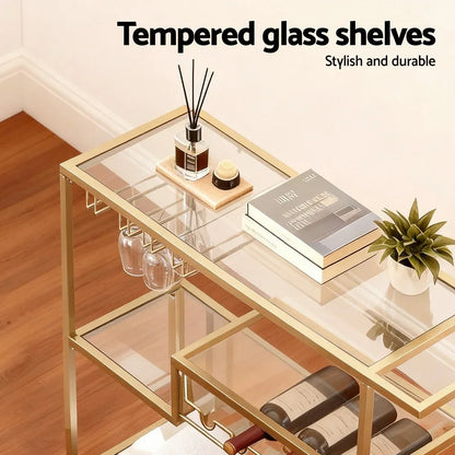 Artiss Bar Cart Drink Trolley Serving Cocktail Wine Rack Glass Holder 102cm Gold - Mekamart Australia