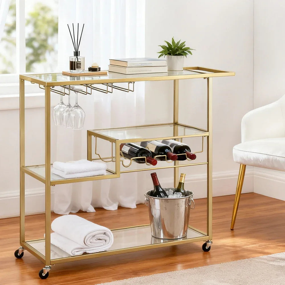 Artiss Bar Cart Drink Trolley Serving Cocktail Wine Rack Glass Holder 102cm Gold - Mekamart Australia