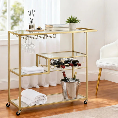 Artiss Bar Cart Drink Trolley Serving Cocktail Wine Rack Glass Holder 102cm Gold - Mekamart Australia