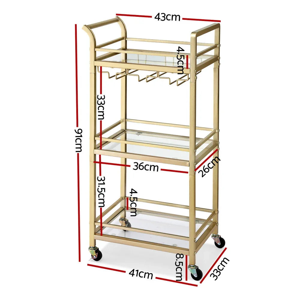 Artiss Kitchen Island Cart Trolley Rolling Serving Storage Wine Glass 43cm Gold - Mekamart Australia
