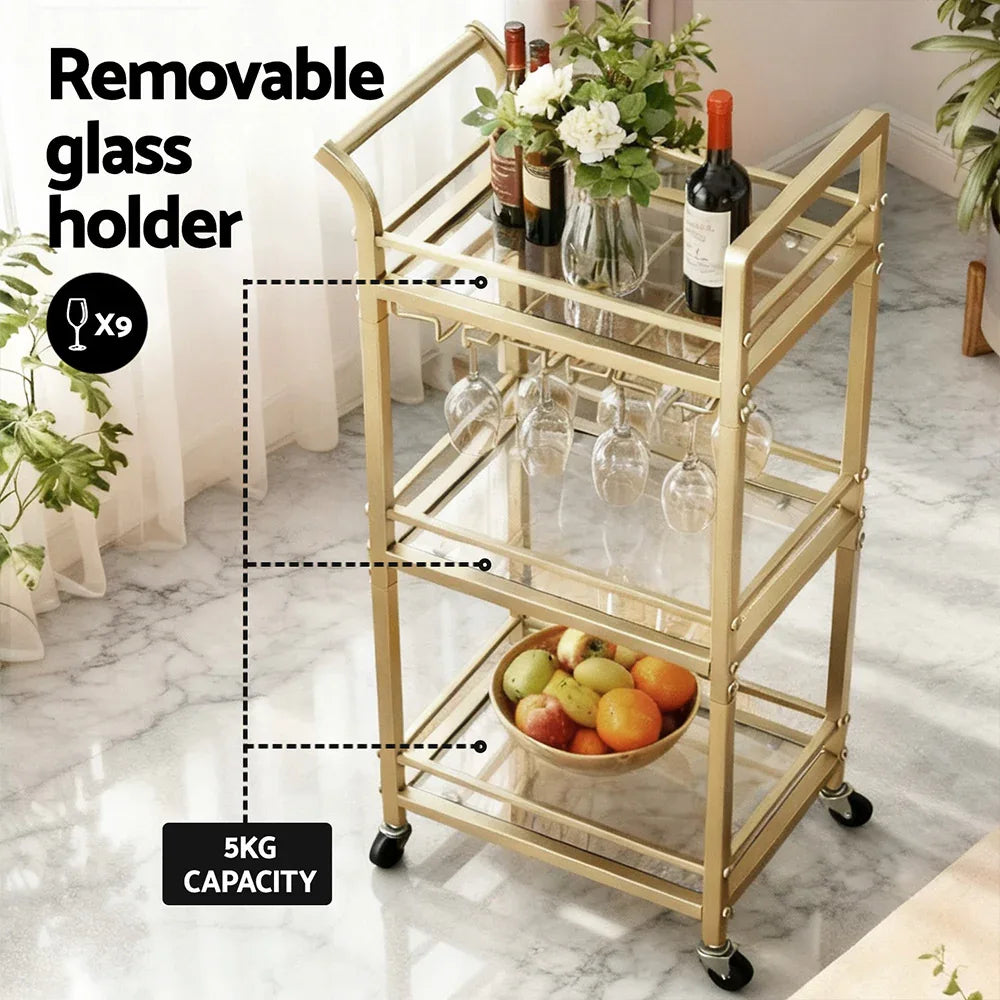 Artiss Kitchen Island Cart Trolley Rolling Serving Storage Wine Glass 43cm Gold - Mekamart Australia