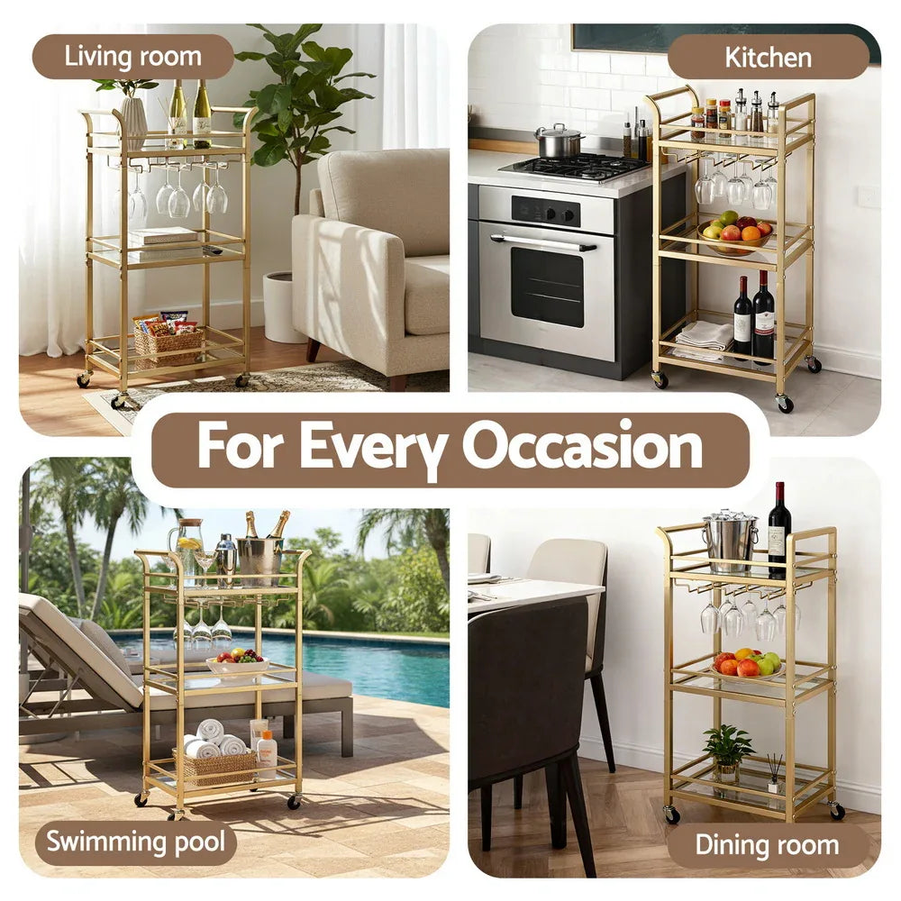Artiss Kitchen Island Cart Trolley Rolling Serving Storage Wine Glass 43cm Gold - Mekamart Australia