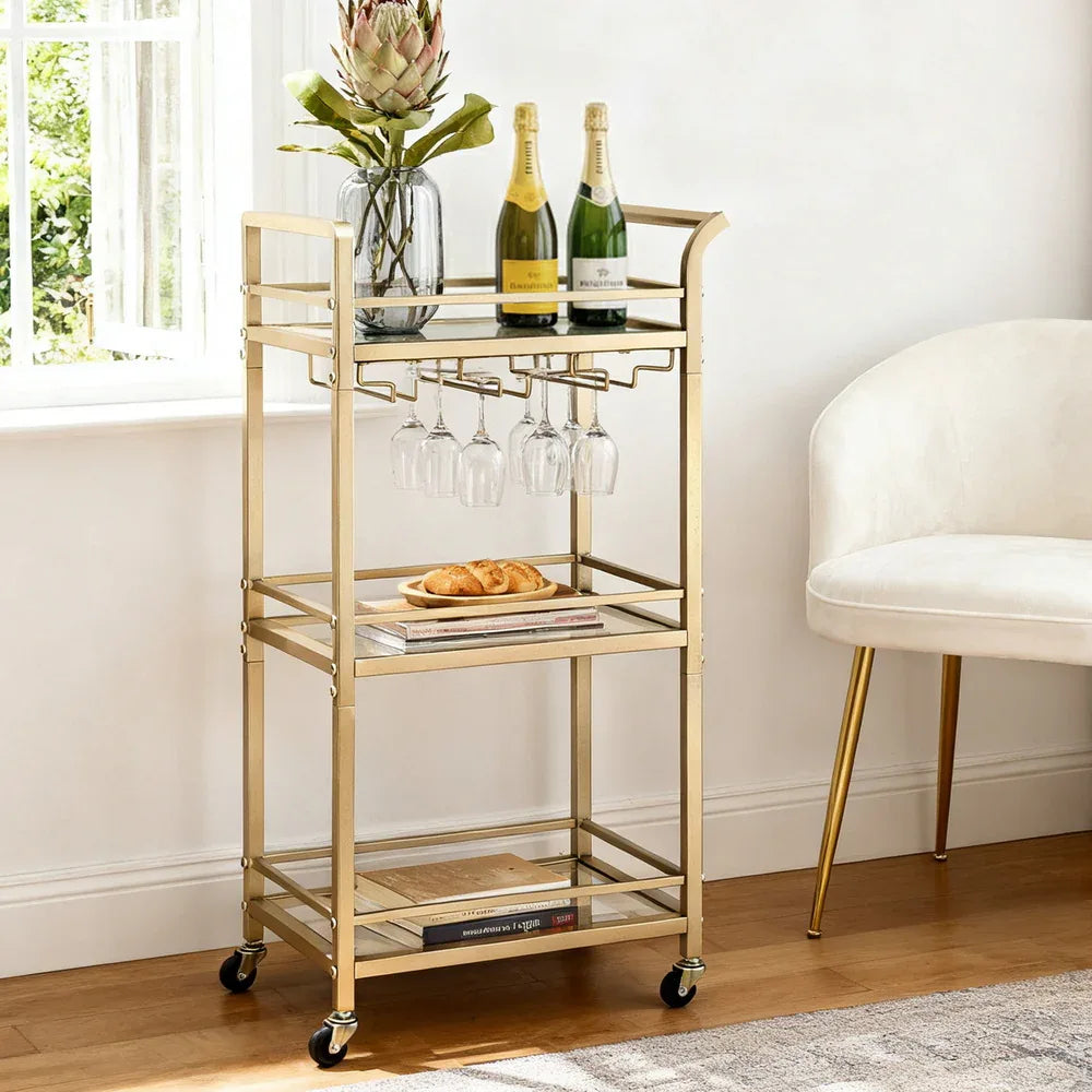 Artiss Kitchen Island Cart Trolley Rolling Serving Storage Wine Glass 43cm Gold - Mekamart Australia