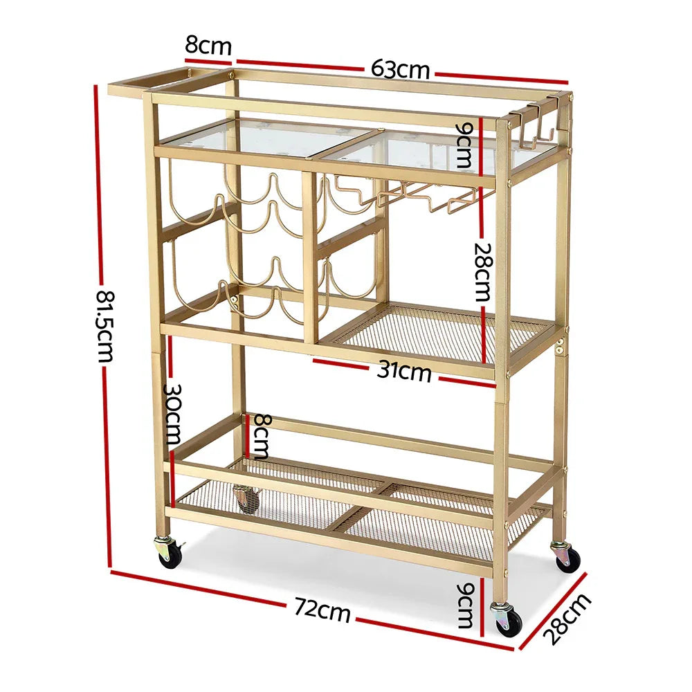 Artiss Bar Cart Drinks Trolley Serving Wine Rack Glass Holder 3 Hooks 72cm Gold - Mekamart Australia