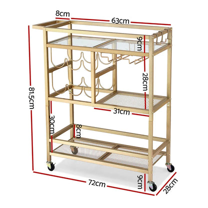Artiss Bar Cart Drinks Trolley Serving Wine Rack Glass Holder 3 Hooks 72cm Gold - Mekamart Australia